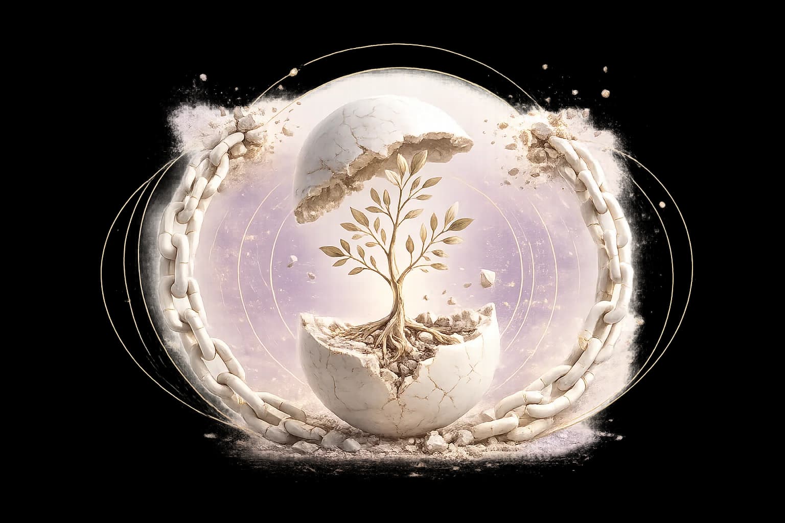 Rooted in Resilience, Rising in Power — a tree growing from a cracked marble shell, surrounded by breaking chains