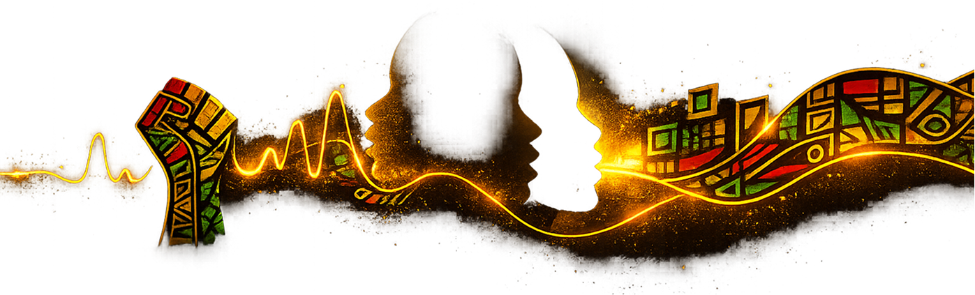 Raised fist, silhouette profiles, and Kente patterns connected by a golden sound wave